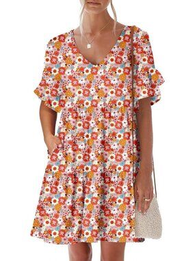 Anrabess Women's Orange Floral Neck Ruffle Sleeve A Line Tiered Mini Flowy Dress